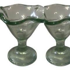 Ice Cream Sundae Dessert Stemmed Tulip Shaped Green Glass Diner Ruffle Lot of 2