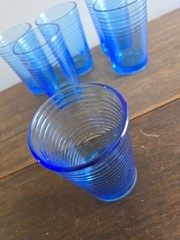 Set Of 6 VTG Indonesia Blue Ribbed/lined 6oz Juice Tumblers Glasses Glassware