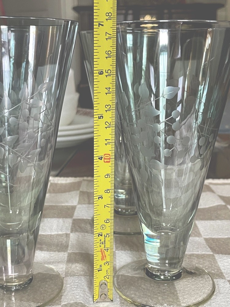 4 Lenox Crystal Etchings Smoky Green Water Or Ice Tea Glasses – Very Pretty!