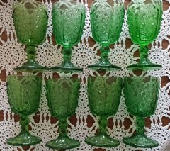 Vintage 8 Daisy and Button Green Goblets By LG Wright Glass