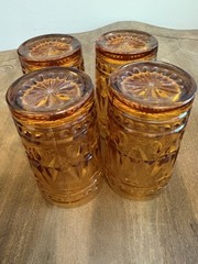 Indiana Glass Colony Park Lane Juice Glasses (4) Amber Gold Starburst MCM Retro