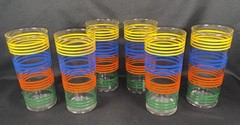 Set of 6 Rainbow Striped Decorated Glass Tumbler Glasses 6 in Round