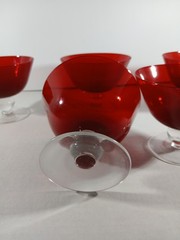 Vintage Ruby Red Glass Sherbet/Compote Champagne Coupes – Clear Stem Set Of 5