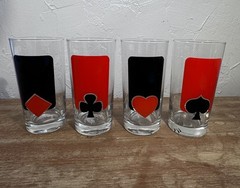 Set of 4 Vintage MCM Playing Card Glasses Hearts, Diamonds, Clubs, Spades 5 1/2″