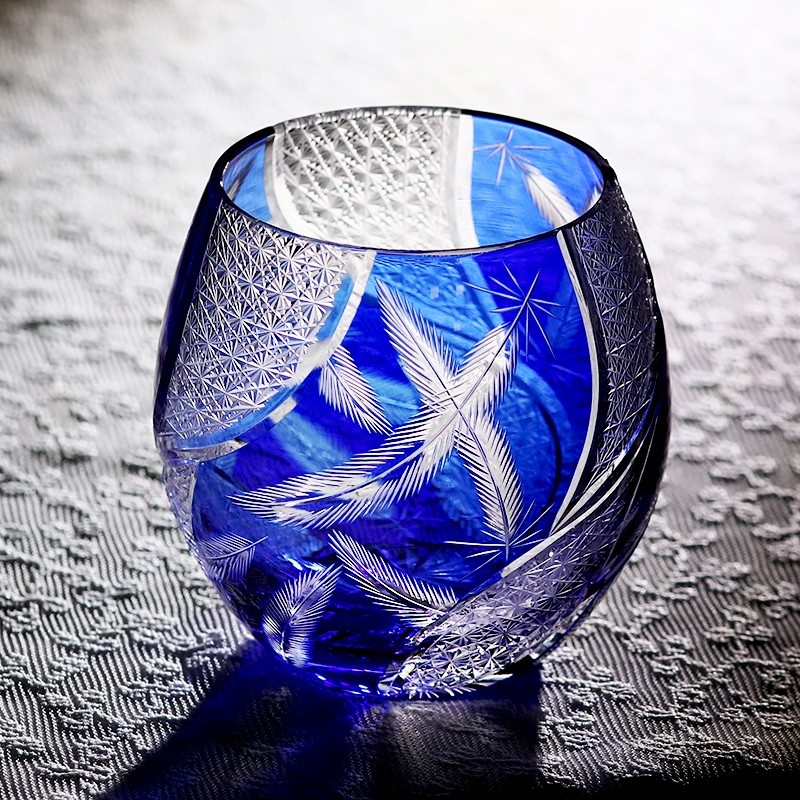Feather Design Hand Cut To Clear Crystal Glass 12oz Blue Whiskey Glass Tumbler