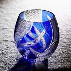 Feather Design Hand Cut To Clear Crystal Glass 12oz Blue Whiskey Glass Tumbler