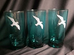 Vtg Teal Blue Coastal Highball Tumblers Featuring Seagull Design, Set Of Three