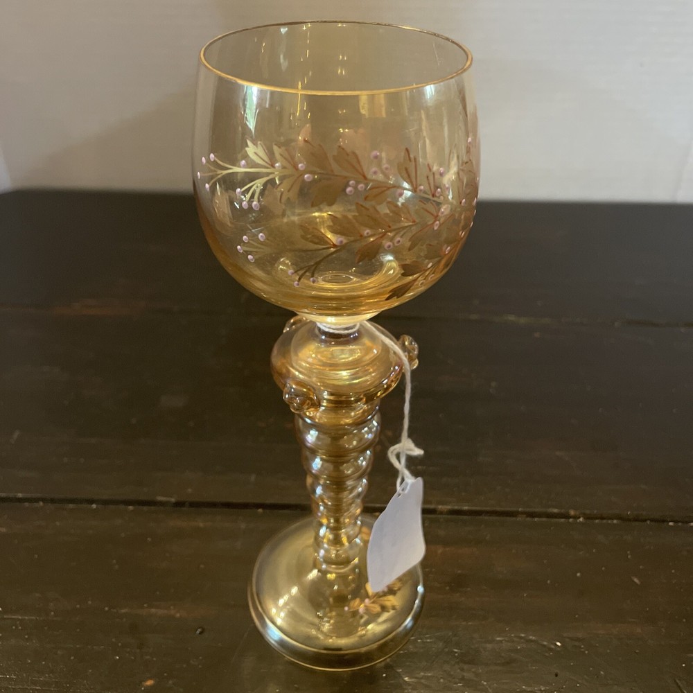 Hand Enameled White & Gold Floral Orange Luster Hock Wine Glass 7.5 Inches Tall