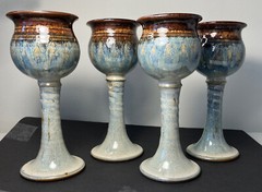 4 Studio Art Pottery Goblets Cups Chalice Artist stamped Blue Brown 8″ tall