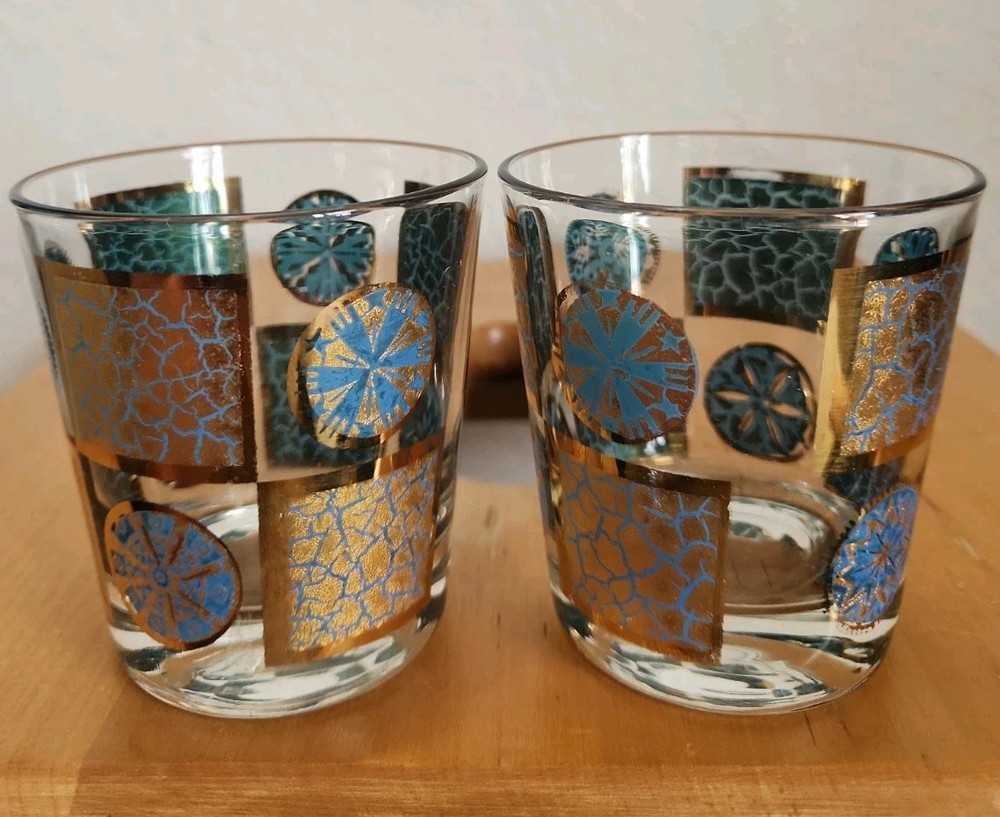 Vintage Culver Carnival Turquoise Gold Geometric Medallion Rocks Glasses 2