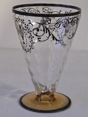 Set Of 3 Silver Etched & Rimmed Amber Bottom Footed 5″ Glass