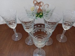 Set of 7 Libbey Rock Sharpe #3005-10 Flower & Lines Cut Water Goblets 7 oz.