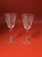 Set Of 2 Vintage Clear Etched Floral Crystal Cognac Cordial Glasses