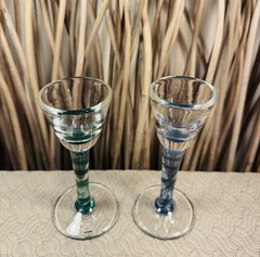 Pair of Heavy Hand Blown Cordial Glasses Swirl Ribbon Stem. Excellent Condition.