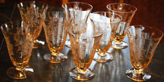 Vtg Set 8 LA FLEURE YELLOW 4.75″ Etched FOOTED TUMBLERS Glass TIFFIN FRANCISCAN