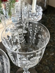 Fostoria MANOR 7 Clear Water Goblets Blown Glass 7 1/2 Etched Flowers Crystal