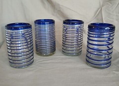 Mexican Glass Tumblers Hand blown Applied Cobalt Spiral Glass set of 4 5 1/4in