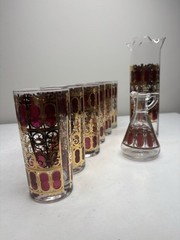 Vintage MCM Culver Cranberry Scroll 22Kt Told Filigree Highball 6 & Pitcher