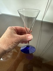 Vtg Mcm Wine Pitcher Clear And Cobalt Blue With Applied Handle &1 Cordial Glass