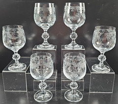 6) Import Assoc Cascade Wine Glass Set Vintage Clear Etch Stemware Retro Bar Lot