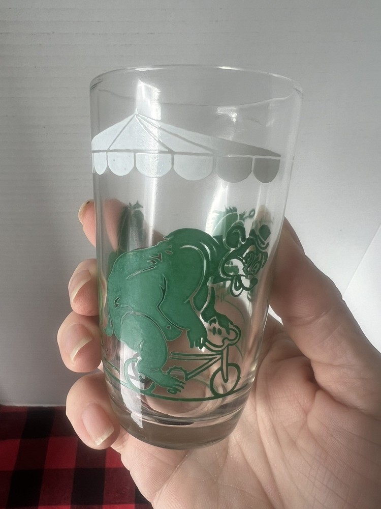Vtg Mid-Century Drinking Glass Tumbler Circus Tent Bear Horses Bicycle #12540