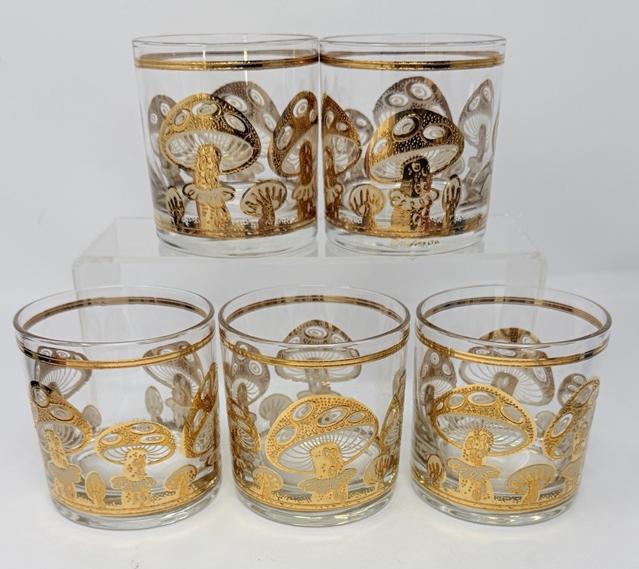5 Culver Ltd 22k Gold Mushroom Lowball Cocktail Glasses Vtg MCM Signed 1960s
