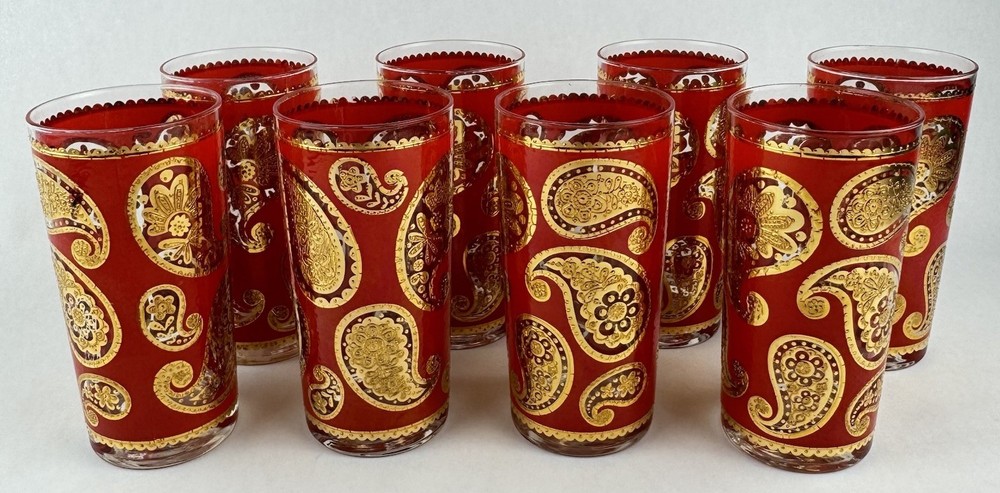 8 Vintage Culver Highball Glasses 22k Red Gold Paisley Glass Cups Tumbler 5.5″