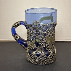 Blue Beer Mug Glass Stein Encased Silver Plate Greek Coat Of Arms Vintage 5”