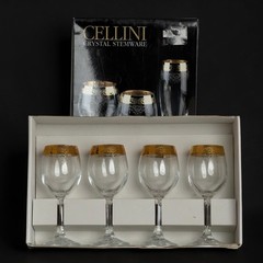 Vintage Cellini Crystal Wine Glasses 24K Gold Rim Hand Decorated Italy Set of 4