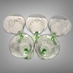 Set 5 Weston Clear Crystal Green Stem Wine Goblet Cut Flower Horizontal Band