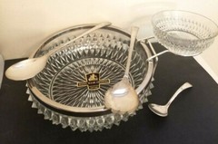 Vtg Chip Dip Dish Set Fancy Hobnail Crystal Glass Pattern 2Pc 3 Utensils England