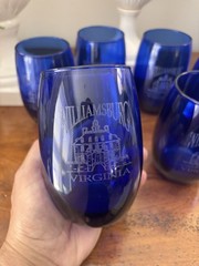 6 Cobalt Blue Etched Design Williamsburg Virginia Short Glasses Governors Palace