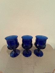Three VTG Indiana Glass Cobalt Blue Crown Imperial Blue Goblet Glasses