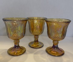 Vintage Indiana Iridescent Carnival Glass Amber «Harvest Grape» Goblets Set Of 3