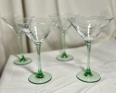 Mid Century Retro Four Tinted Green Vintage Martini Goblets/Glasses Set