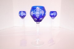 SET 3 BOHEMIAN CZECH CUT TO CLEAR CRYSTAL Hock Wine GLASSES Goblets COBALT BLUE