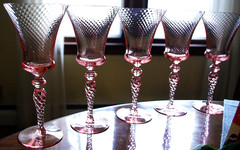 Vtg Set 5 TIFFIN FRANCISCAN Water Goblet Glasses PINK SWIRL OPTIC 8.75″ 15022