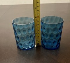 Vintage Set Of 2 Thumbprint Dot Drink Glass Shot Glass Peacock Blue 3.5” Tall