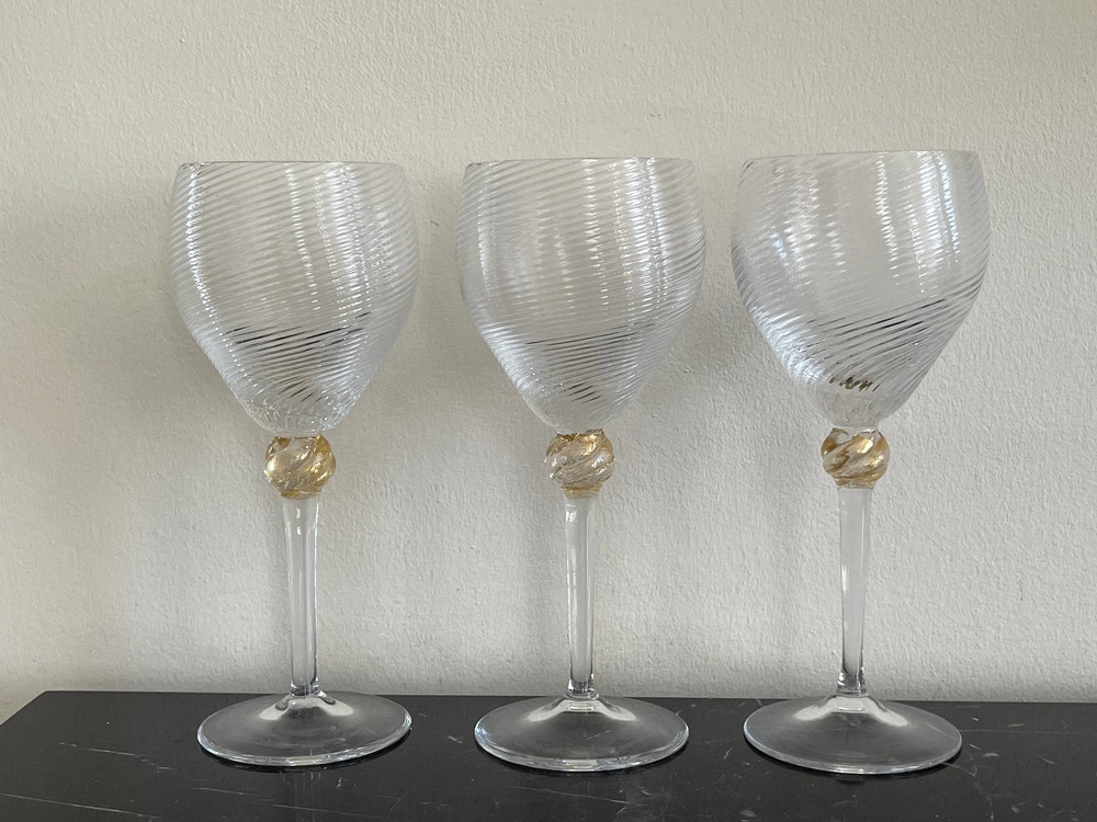 Murano Salviati Moretti Venetian 3 Hand Blown Swirl Gold Flake Wine Glasses