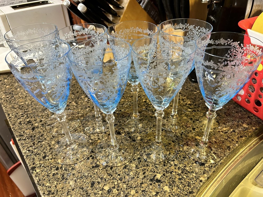 8 Pc Azure Blue Fostoria 5098 June 8 Water Goblets