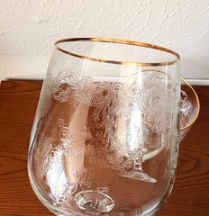 VTG Set of 3 Bohemia Crystal Queens Lace Wine Water Goblets Gold Rim Ball Stem