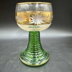 German Roemer Wine Glass Green Etched Signed Gold Trimmed Flower St. Moritz