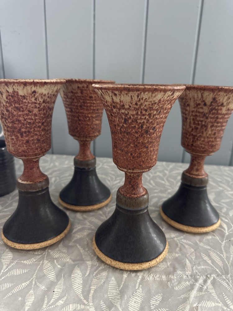 Vintage Studio Pottery Stoneware Goblets Set 4 Thomas Reece Style Signed 1970s