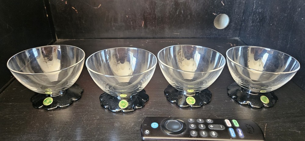 4- Fry, Weston, Seneca Glass Lily Pad Black Foot Crystal Sherbet Dish Cut Stars