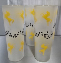 Vintage Libbey Frosted MCM Tom Collins Glasses Set/5 Yellow Stallion Black Stars