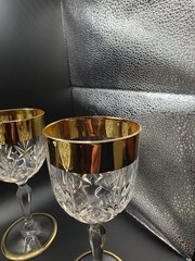 Vintage Crystal Wine Glasses 24K Gold Plated Bands Set Of 4