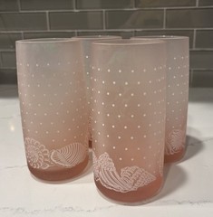 (4) Vintage Seashell Frosted Glasses Polka Dot Glass Tumbler Peach Pink 5.75”
