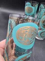 4 PC MCM Blue And Gold Drinking Glasses Barware