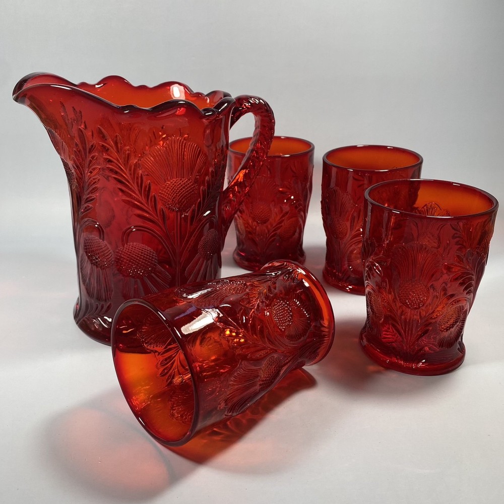 Vintage Mosser Glass Ruby Red Inverted Thistle 5-Piece Set Pitcher & 4 Tumblers