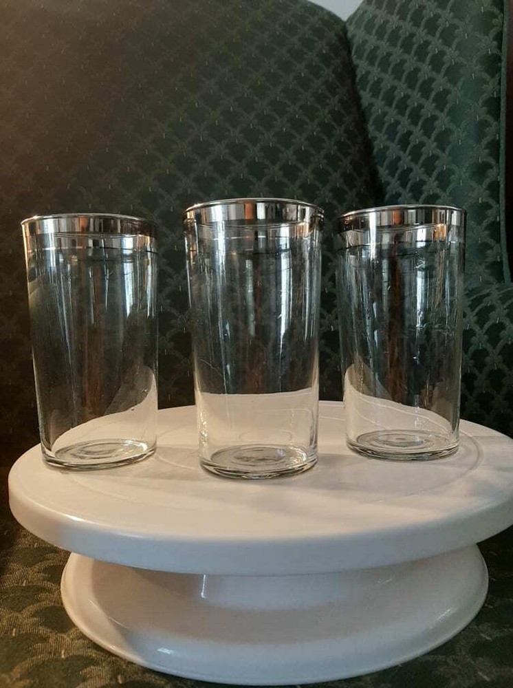 Set of 3 Vtg MCM Dorothy Thorpe Tumblers Platinum Rim Glasses 4 3/4″
